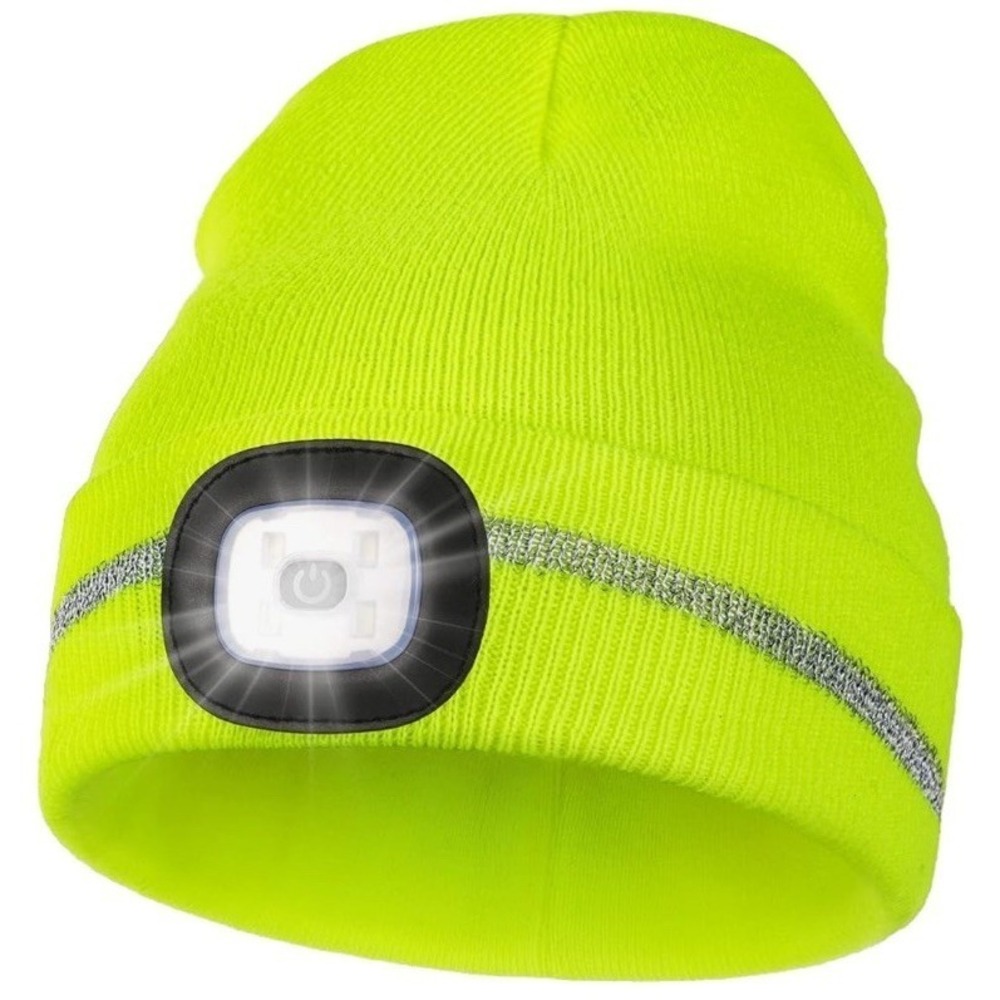Reflective Stripe LED Beanie Safety High Visibility Winter Hat Neon Yellow OS